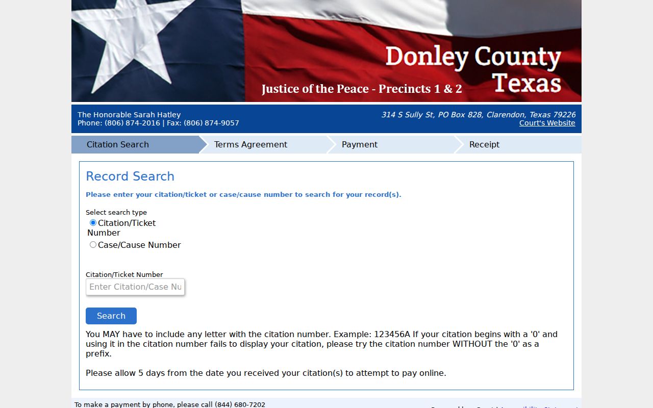 Donley County warrant search context, JP 1 and 2 case lookup screen